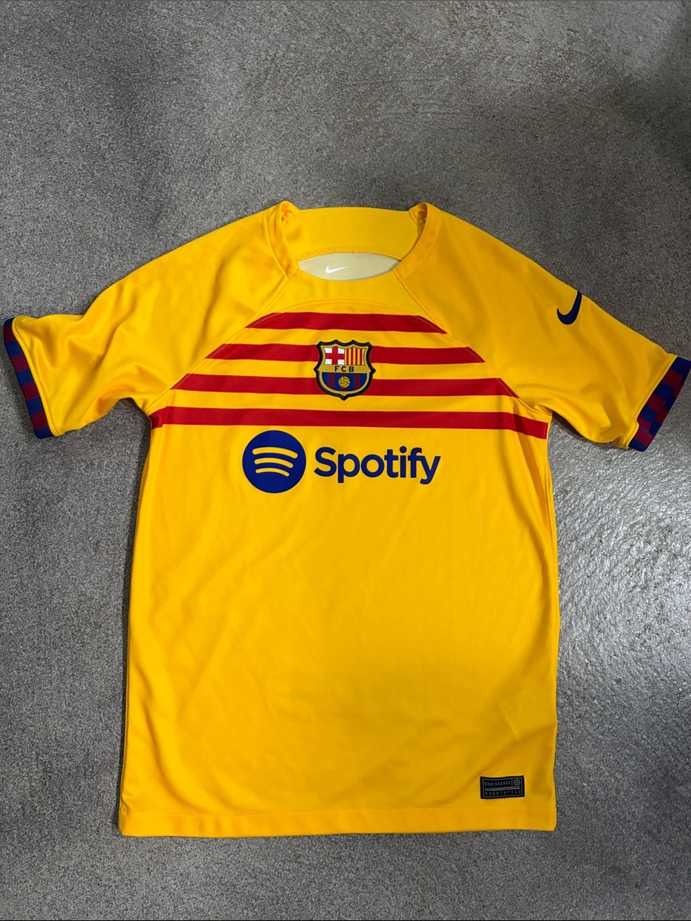 Nike Kids FC Barcelona Yellow Jersey with Red Stripes (Large)